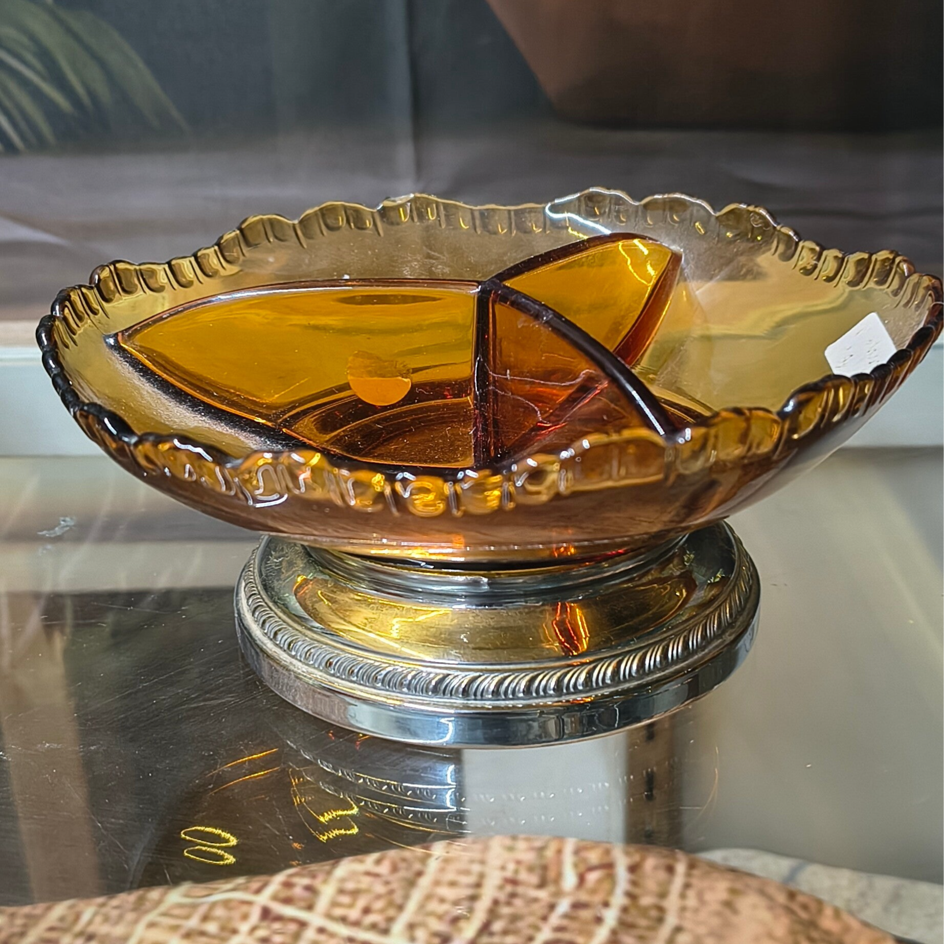 Vintage Amber 3-Part Divided Relish Dish on Silver-Plated Foot