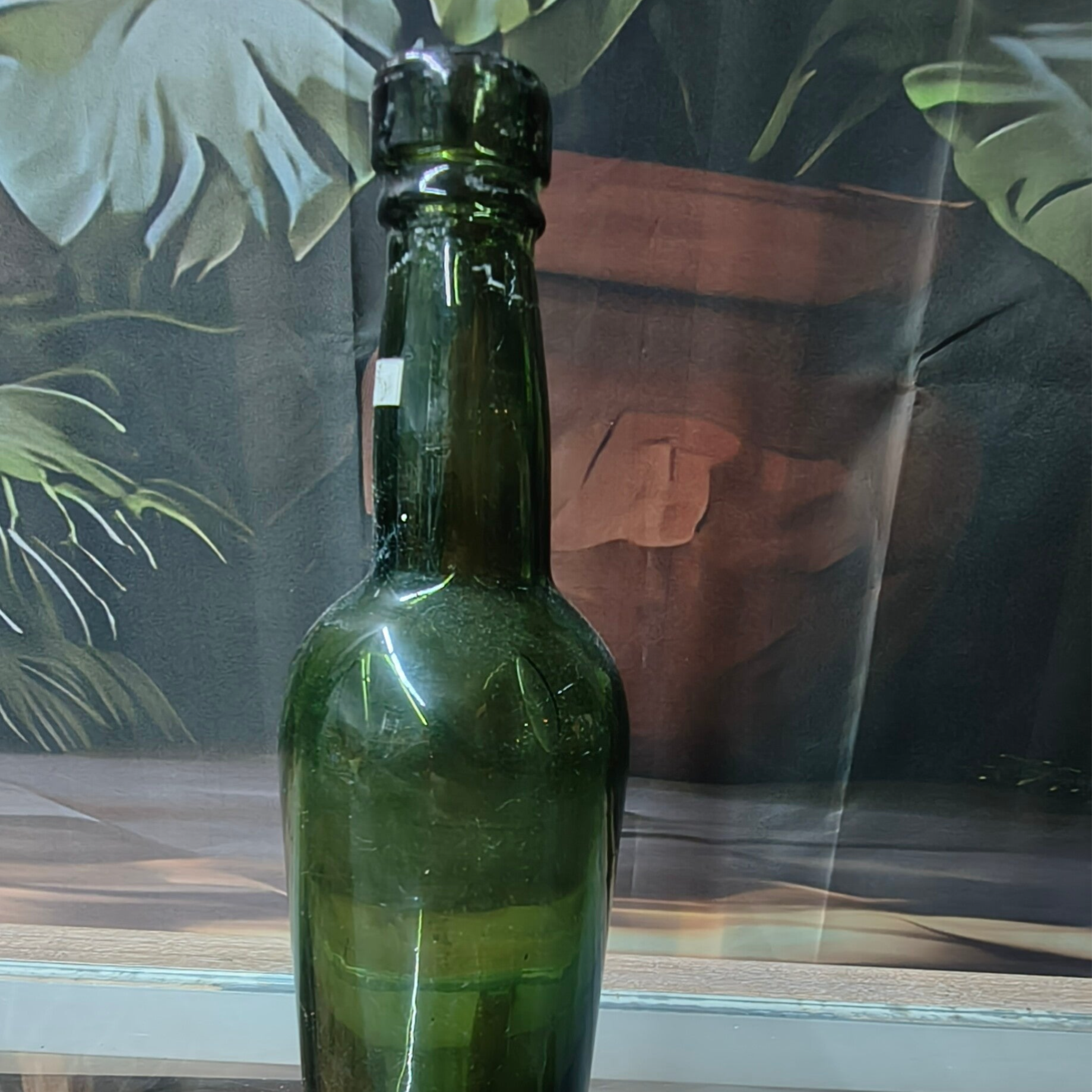 Antique Deep Olive / Black Glass Spirits Cylinder Bottle with Applied Collar