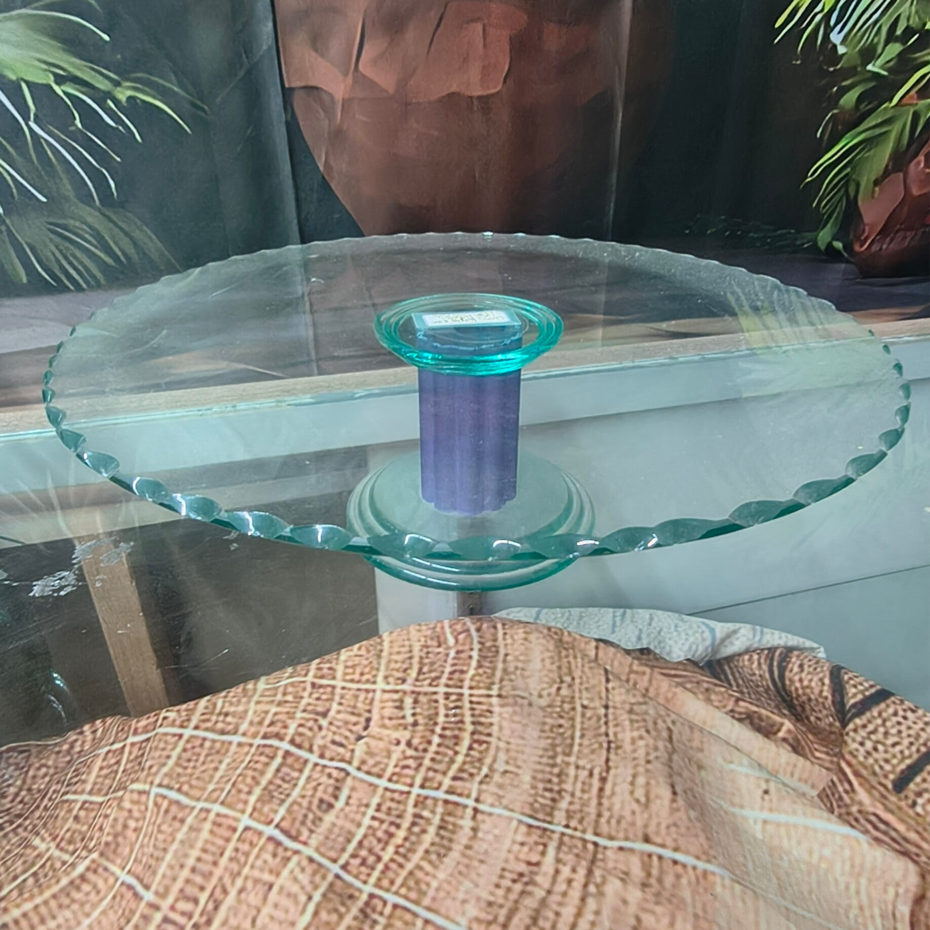 Vintage Clear Glass Cake Stand with Aqua Ring Column Pedestal