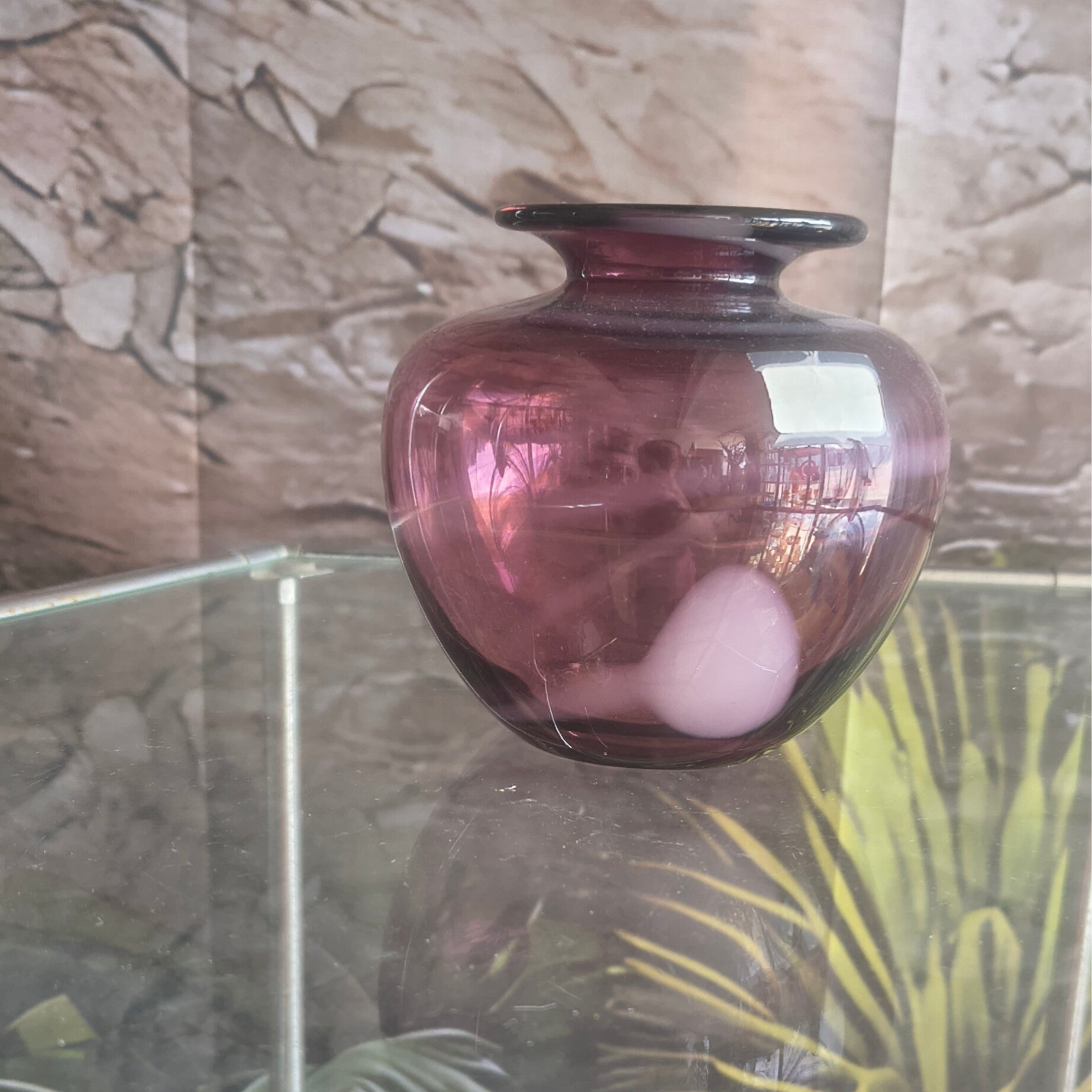 Vintage Amethyst Purple Art Glass Vase – Bulbous Studio Vase with Internal Pink Motif