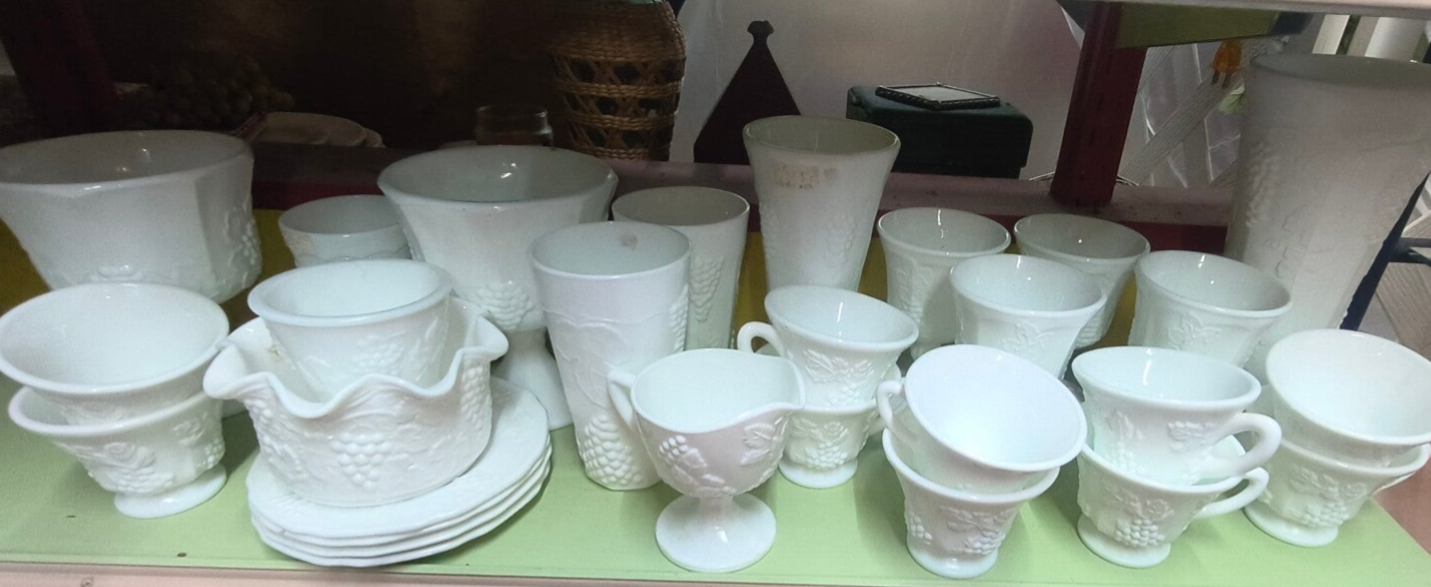 Large Vintage White Milk Glass "Paneled Grape" Entertaining Service