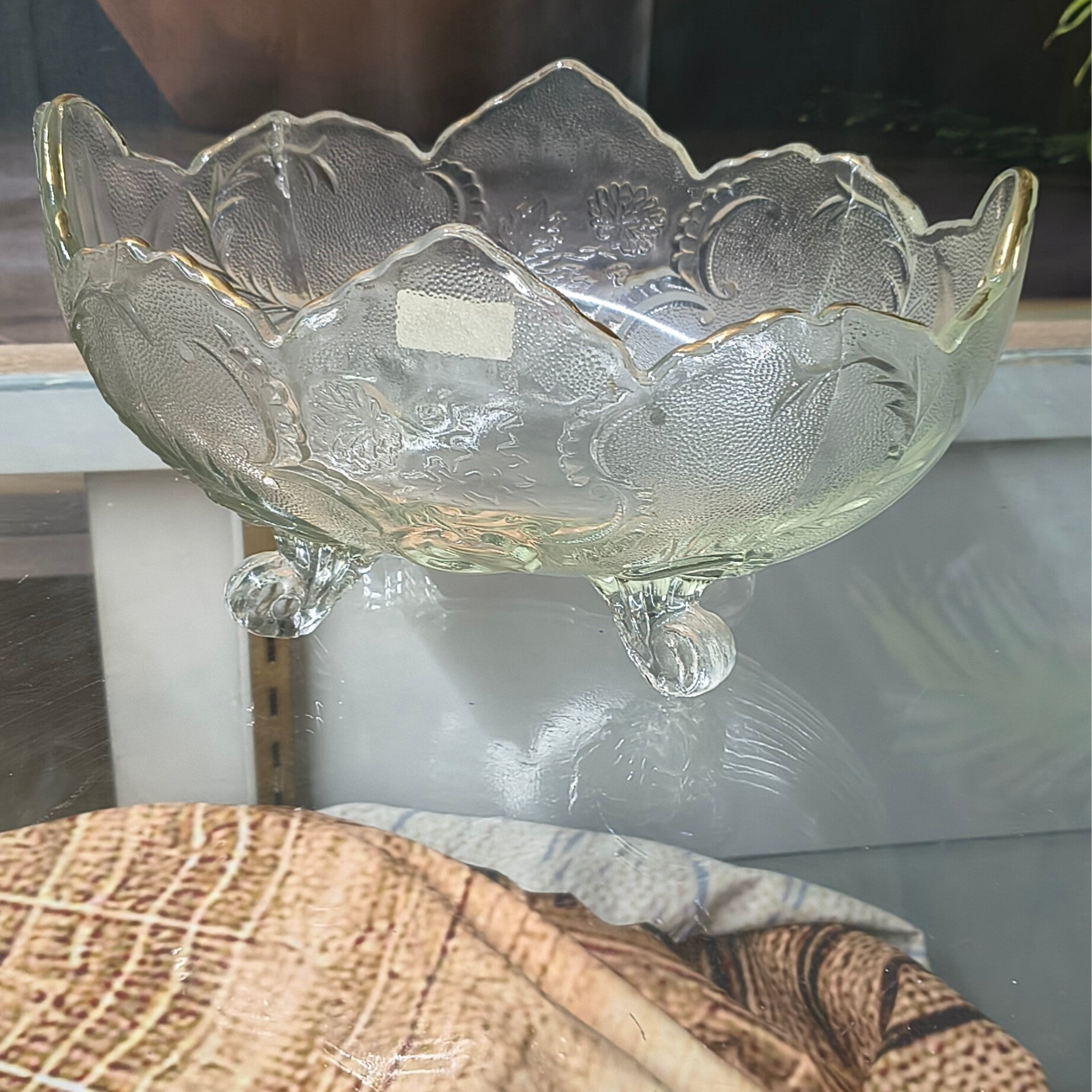 Vintage Clear Glass 3-Footed Centerpiece Bowl with Gold Rim