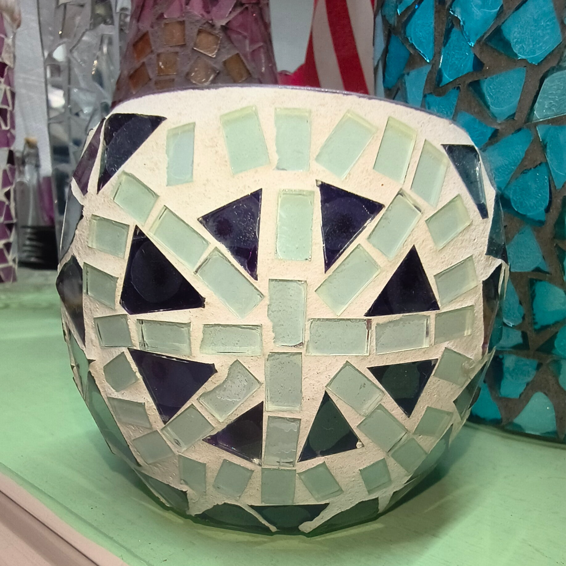 Geometric Indigo & Mint Mosaic Votive / Planter Bowl