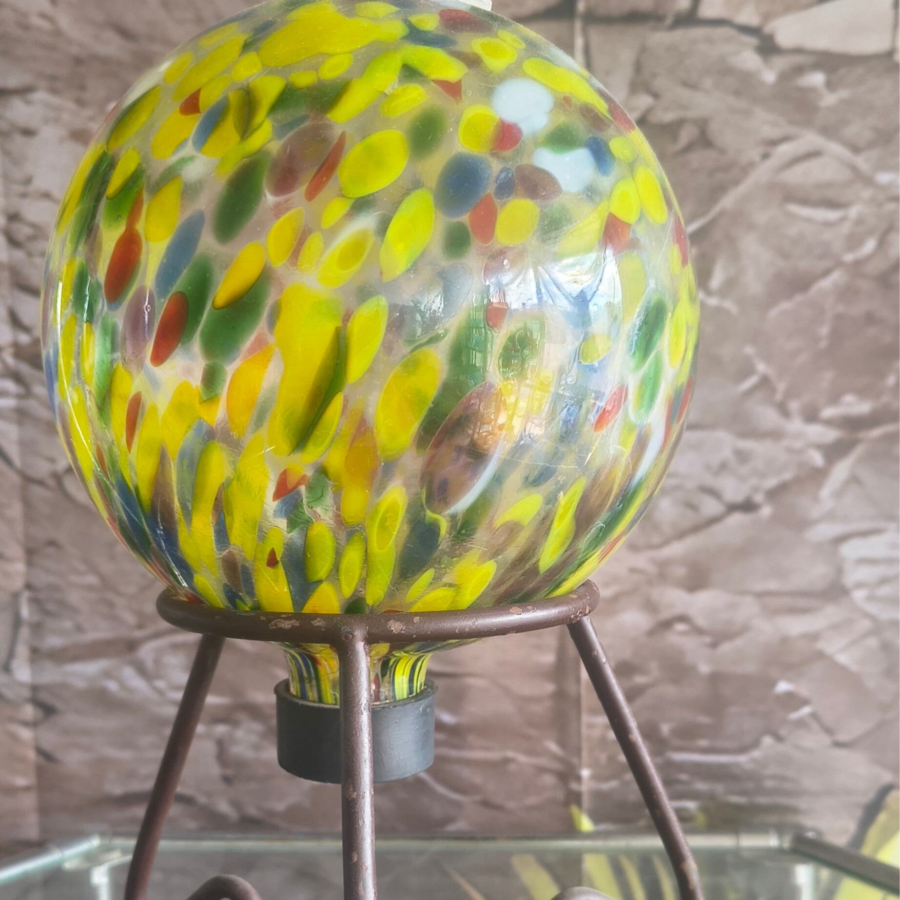 Vintage Blown Glass Gazing Ball with Scroll Stand – Colorful Confetti End of Day Garden Orb