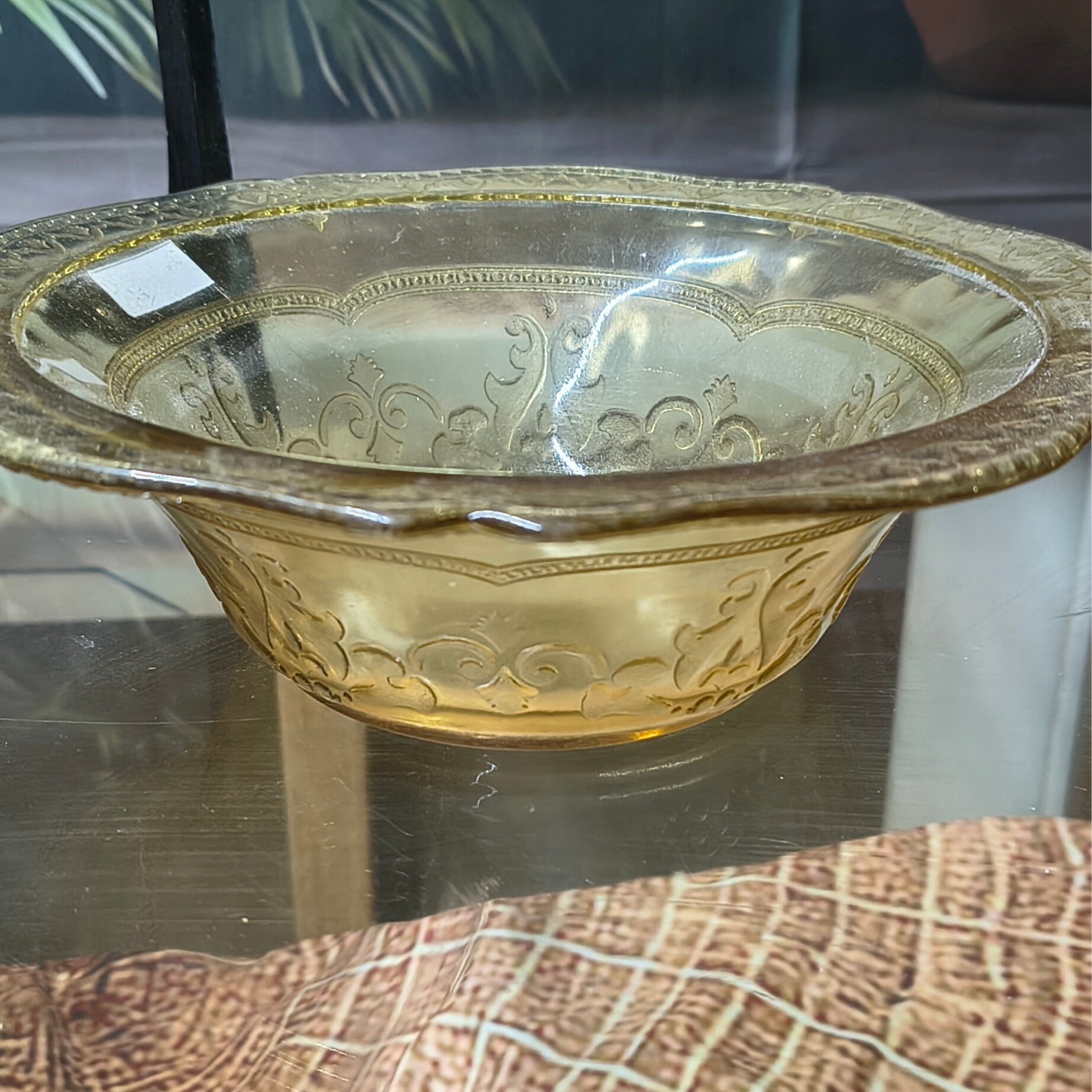 Vintage Amber / Yellow Depression Glass Scroll & Acanthus Bowl