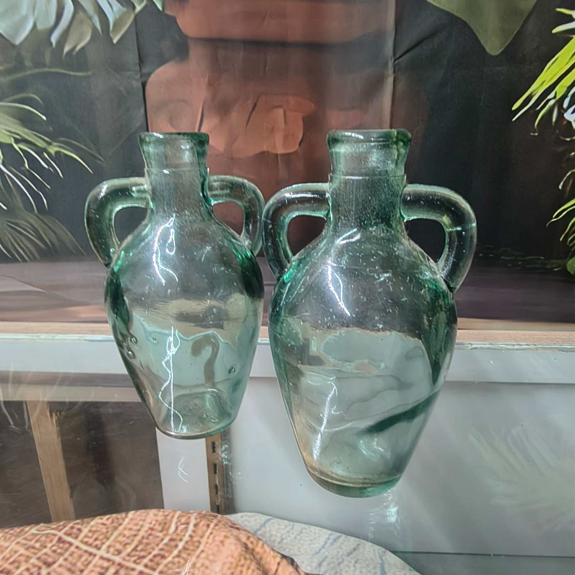 Vintage Light Aqua Amphora Twin-Handled Glass Jugs – Pair