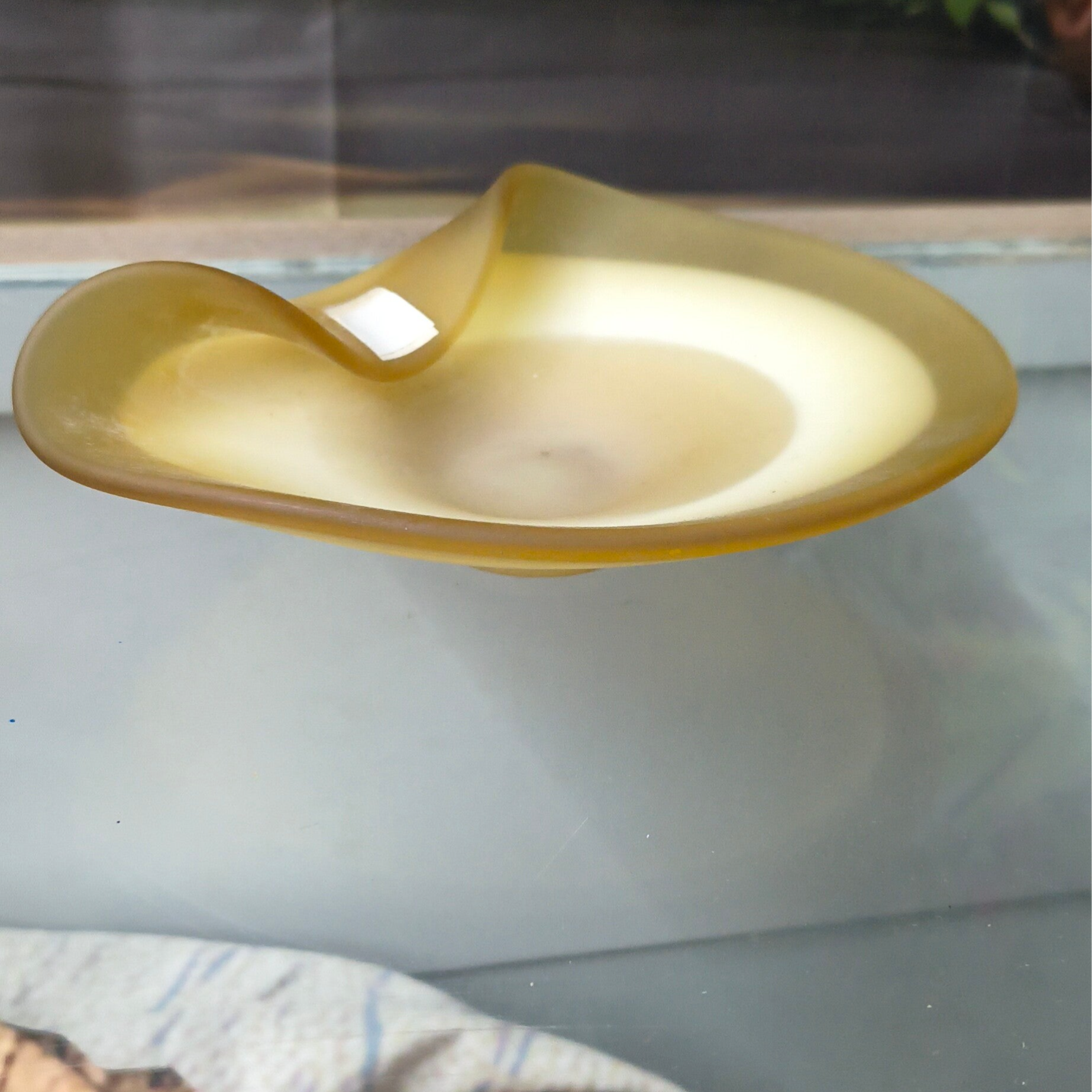 Mid-Century Frosted Amber / Satin Yellow Folded Art Glass Bowl