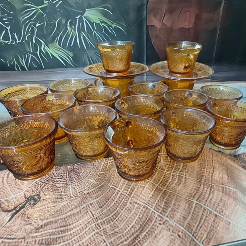 Vintage Amber "Sandwich" Punch / Coffee Cup Service Set