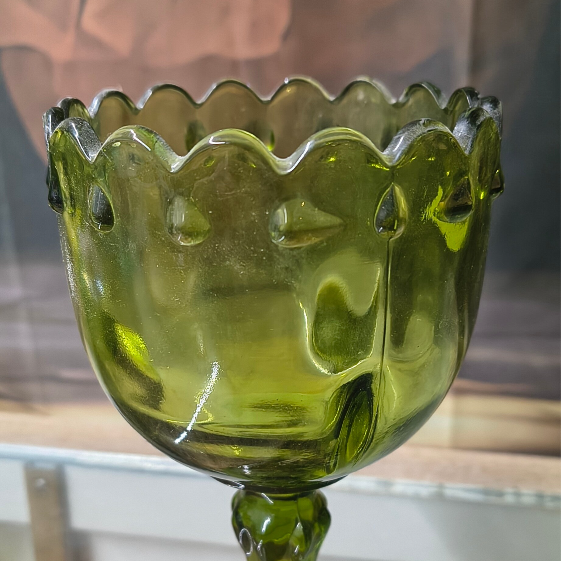 Vintage Avocado Green Scalloped Footed Goblet / Compote