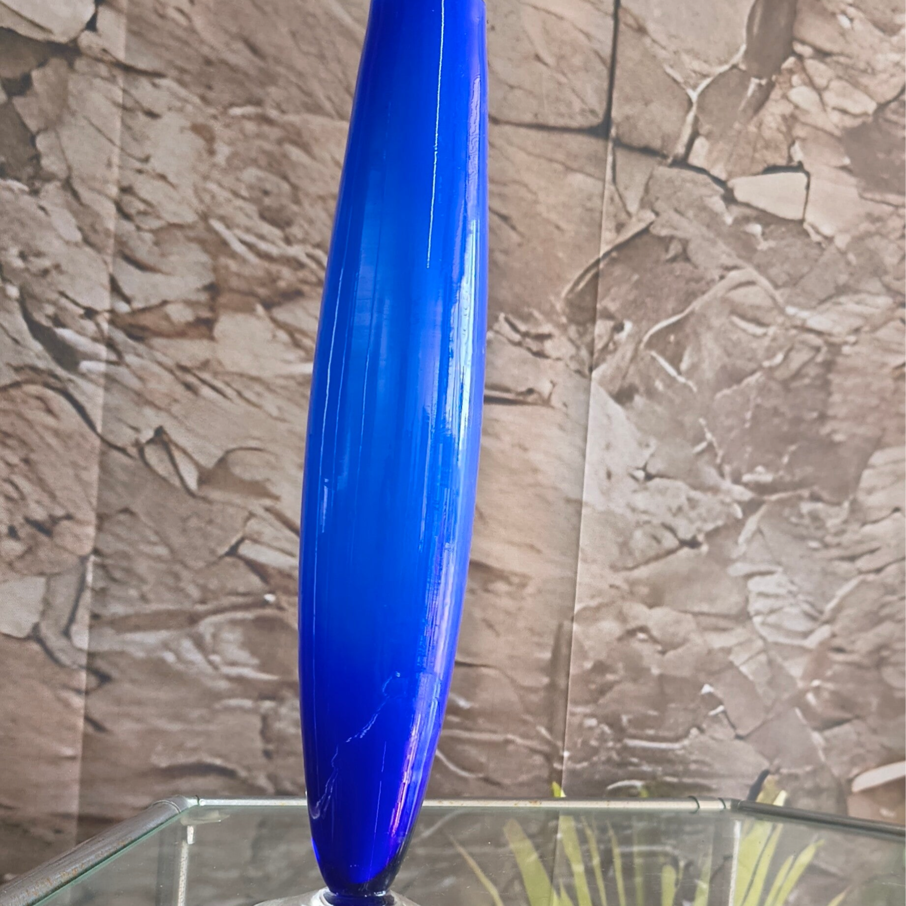 Vintage Cobalt Blue Art Glass Stemmed Cylinder Bud Vase with Clear Base (~9.75")