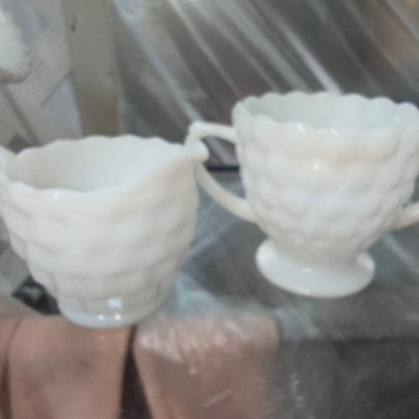 Vintage White Milk Glass Basketweave Creamer & Open Sugar Set