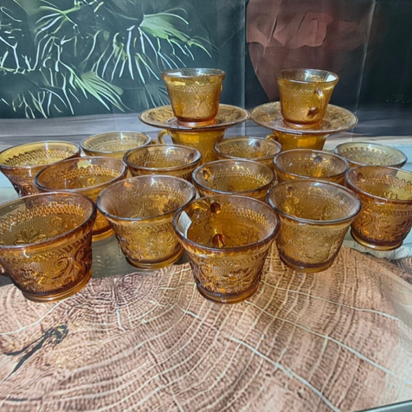 Vintage Amber "Sandwich" Punch / Coffee Cup Service Set