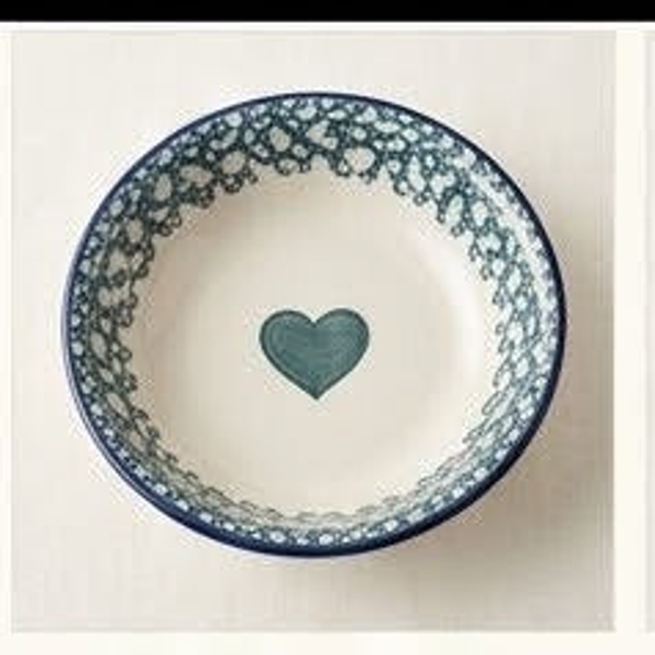 Polish Pottery "Blue Heart and Dot" Large Rimmed Bowl