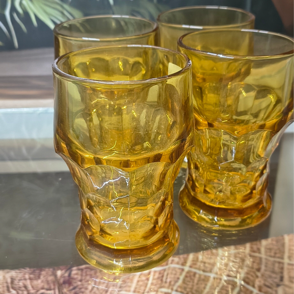 Vintage Amber Panel Faceted Tumblers – Set of 4