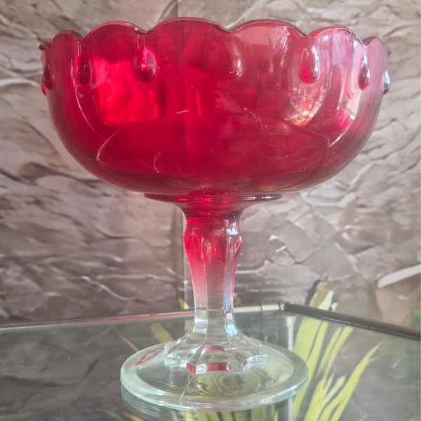 Vintage 7.5" Ruby Red Pedestal Compote – Scalloped Edge Cranberry Glass Candy Dish
