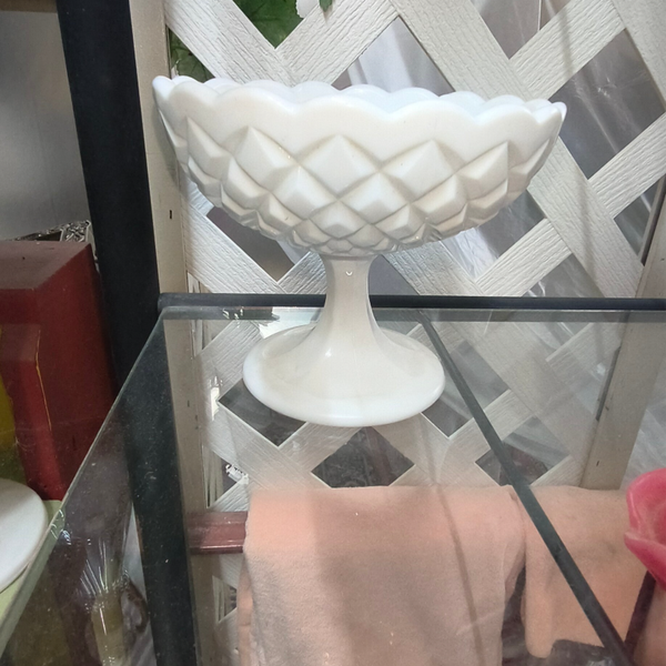 Vintage White Milk Glass Diamond Point Pedestal Compote