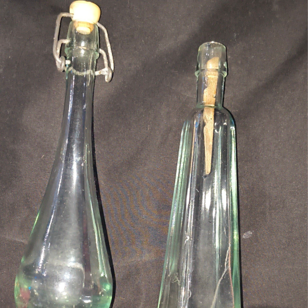 Pair Vintage Aqua Glass Bottles | UV Reactive Manganese Glow