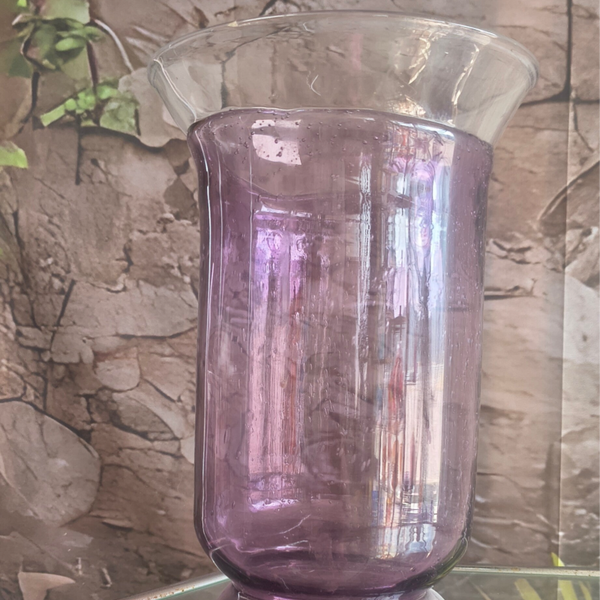 Vintage 11.5" Purple to Clear Hurricane Vase – Amethyst Art Glass Cylinder Candleholder