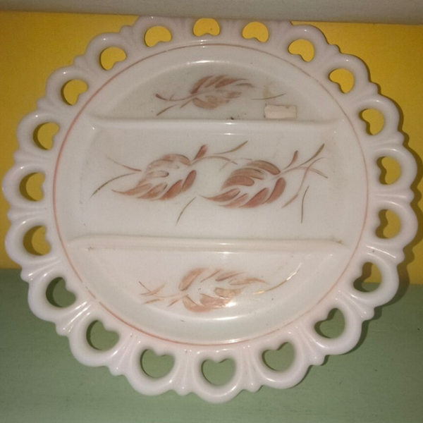Vintage Fenton Open-Lace Heart Edge Divided Relish Dish