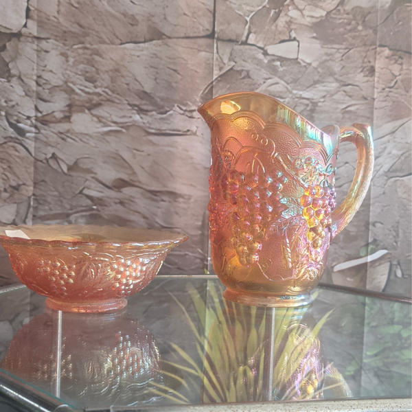 Vintage Marigold Carnival Glass Pitcher & Bowl Set – Heavy Grape Embossed Iridescent Glass
