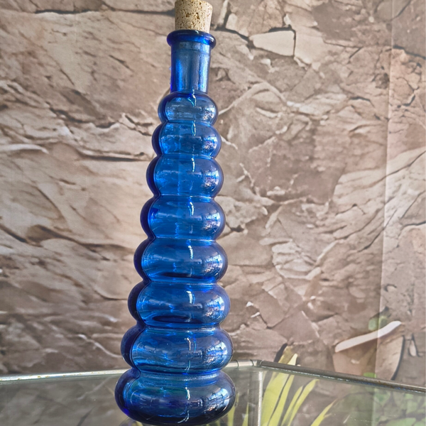 Vintage 10" Cobalt Blue Ringed Glass Bottle – Tiered Ribbed Decanter with Cork Stopper