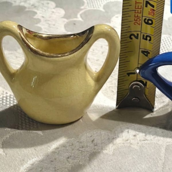 Vintage Miniature Yellow Louisiana Ceramic Pitcher / Vase with Gold Trim (~2")