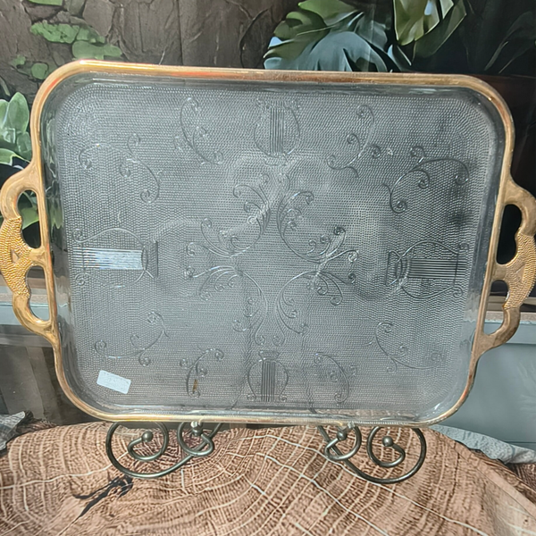 Vintage Clear Pressed Glass Lyre / Harp Vanity & Serving Tray with Gold Trim