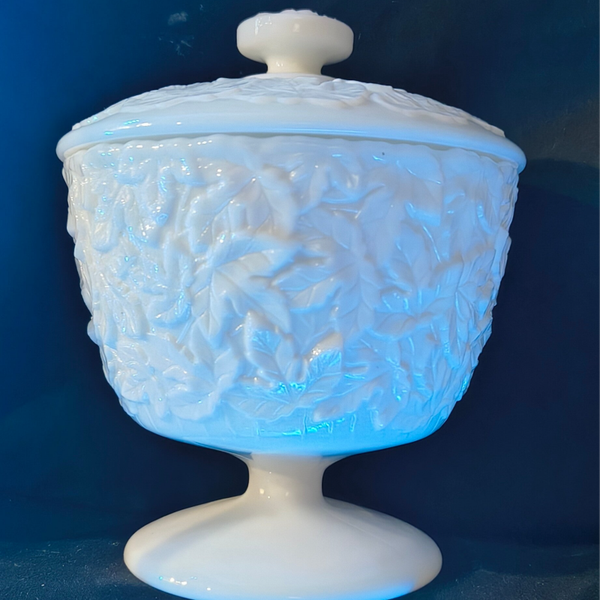 Vintage White Milk Glass Covered Pedestal Candy Dish | Custard UV Glow