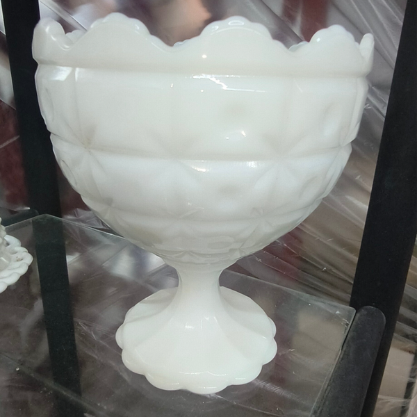 Vintage White Milk Glass Diamond Point Pedestal Compote Bowl