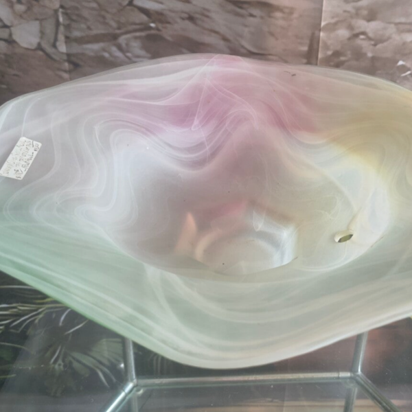 Vintage 11.5" Pastel Swirl Satin Art Glass Centerpiece Bowl – Wavy Rim Slag Glass Pedestal Dish