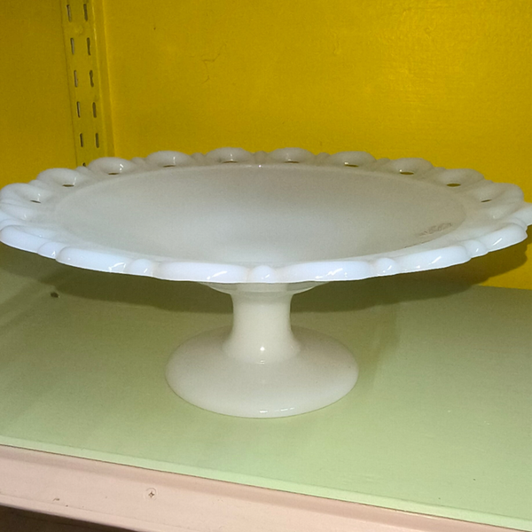 Vintage Fenton Style White Milk Glass Open-Lace Pedestal Cake Stand