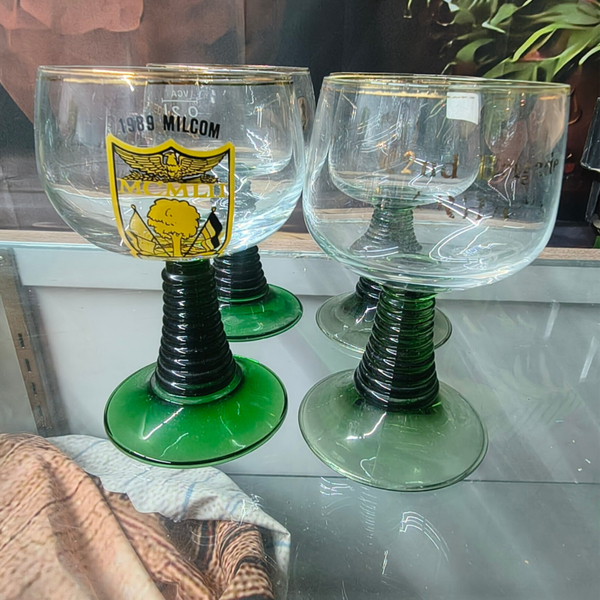 Vintage German Roemer Wine Glasses with Green Beehive Stems & Gold Rims – Set of 4