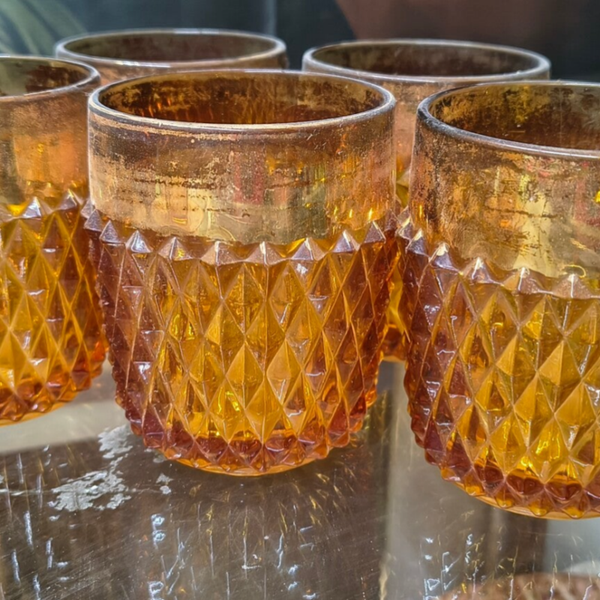 Vintage Amber "Diamond Point" Rocks / Tumbler Glasses – Set of 4