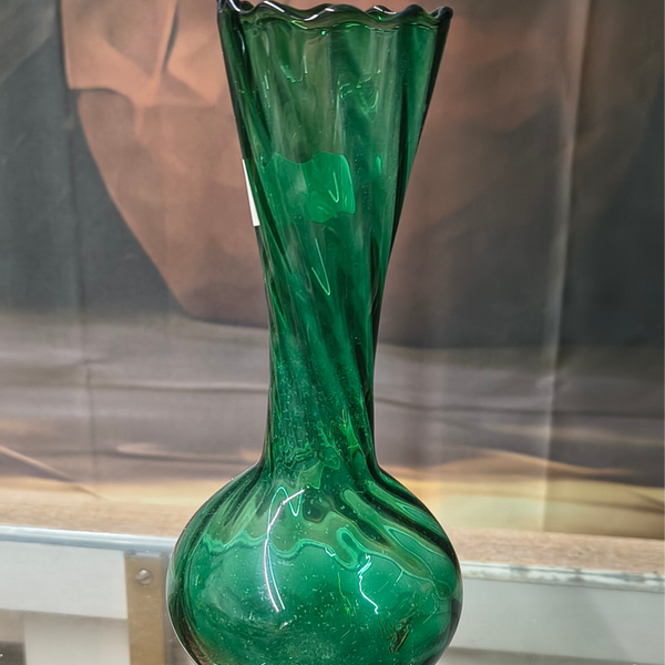 Vintage Emerald Green Spiral Optic Hand-Blown Stemmed Bud Vase