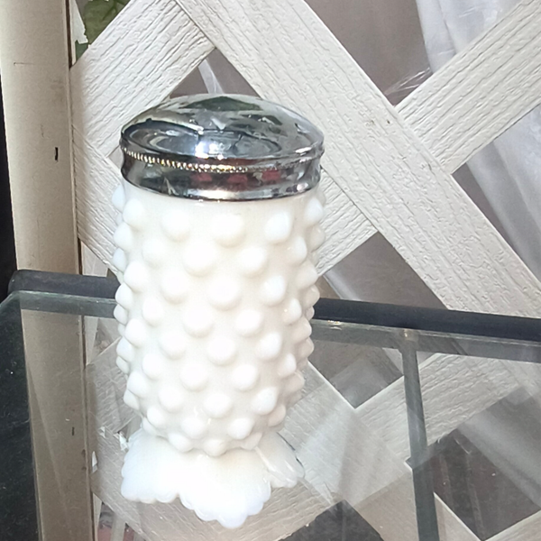 Vintage Fenton White Milk Glass Hobnail Shaker with Chrome Screw Lid