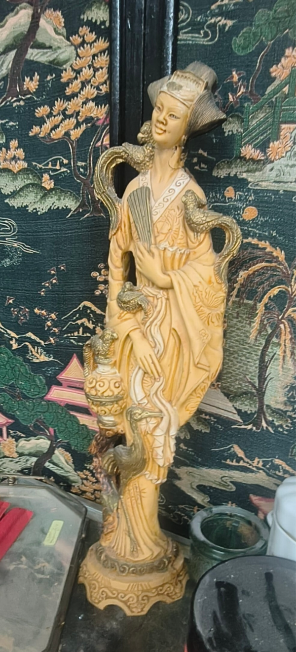 Vintage Carved-Look Faux Ivory Resin Asian Maiden Figurine – Oriental Goddess with Birds & Fan