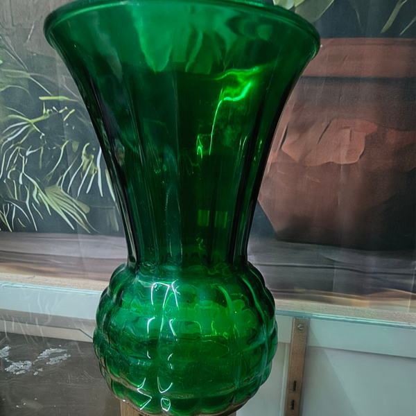 Large Vintage Emerald Green Thumbprint / Waffle Optic Flared Urn Vase