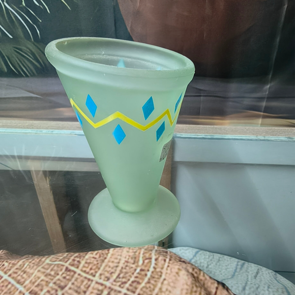 Mid-Century Frosted Mint Glass Pedestal Vase with Geometric Diamond Chevron Band