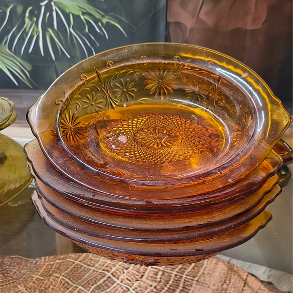 Vintage Amber "Tiara Sandwich" Lug-Handled Oval Bowls Set of 4
