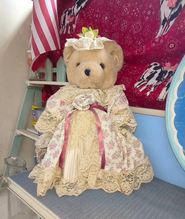 Antique-Style Teddy Bear Doll in Layered Linen Ruffle Dress