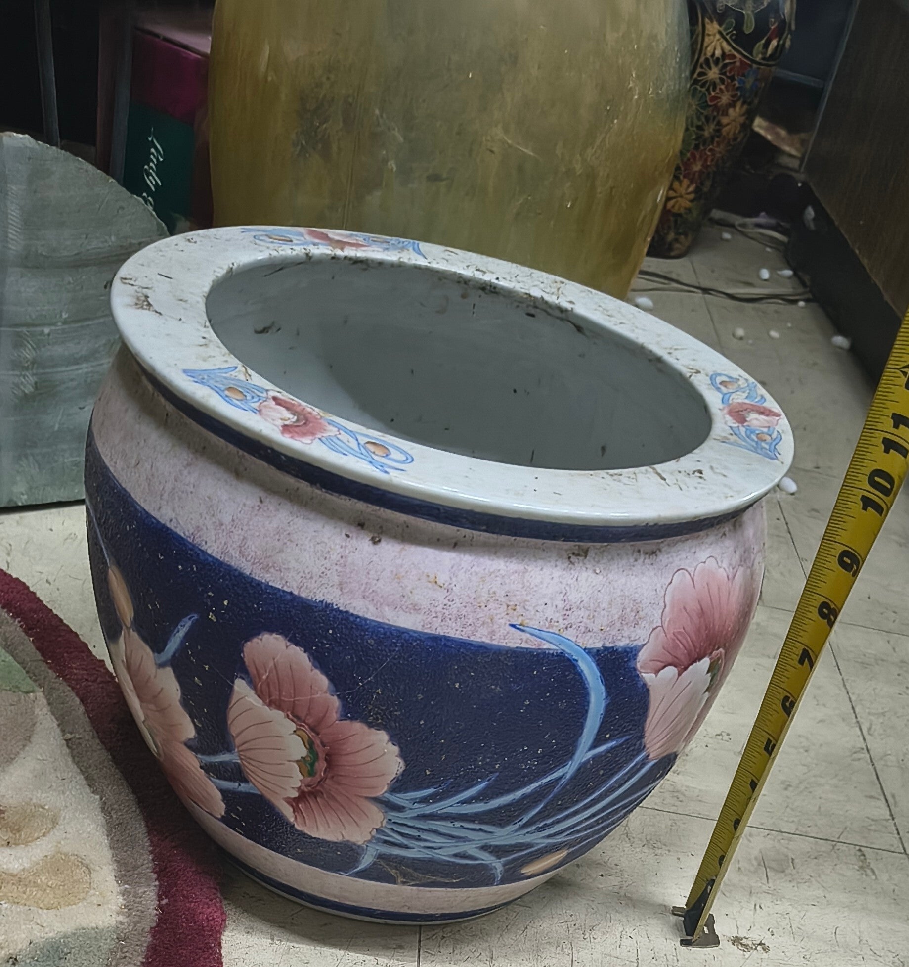 Vintage Chinese Porcelain Fish Bowl Planter – 12" Hand-Painted Floral Koi Jardinière