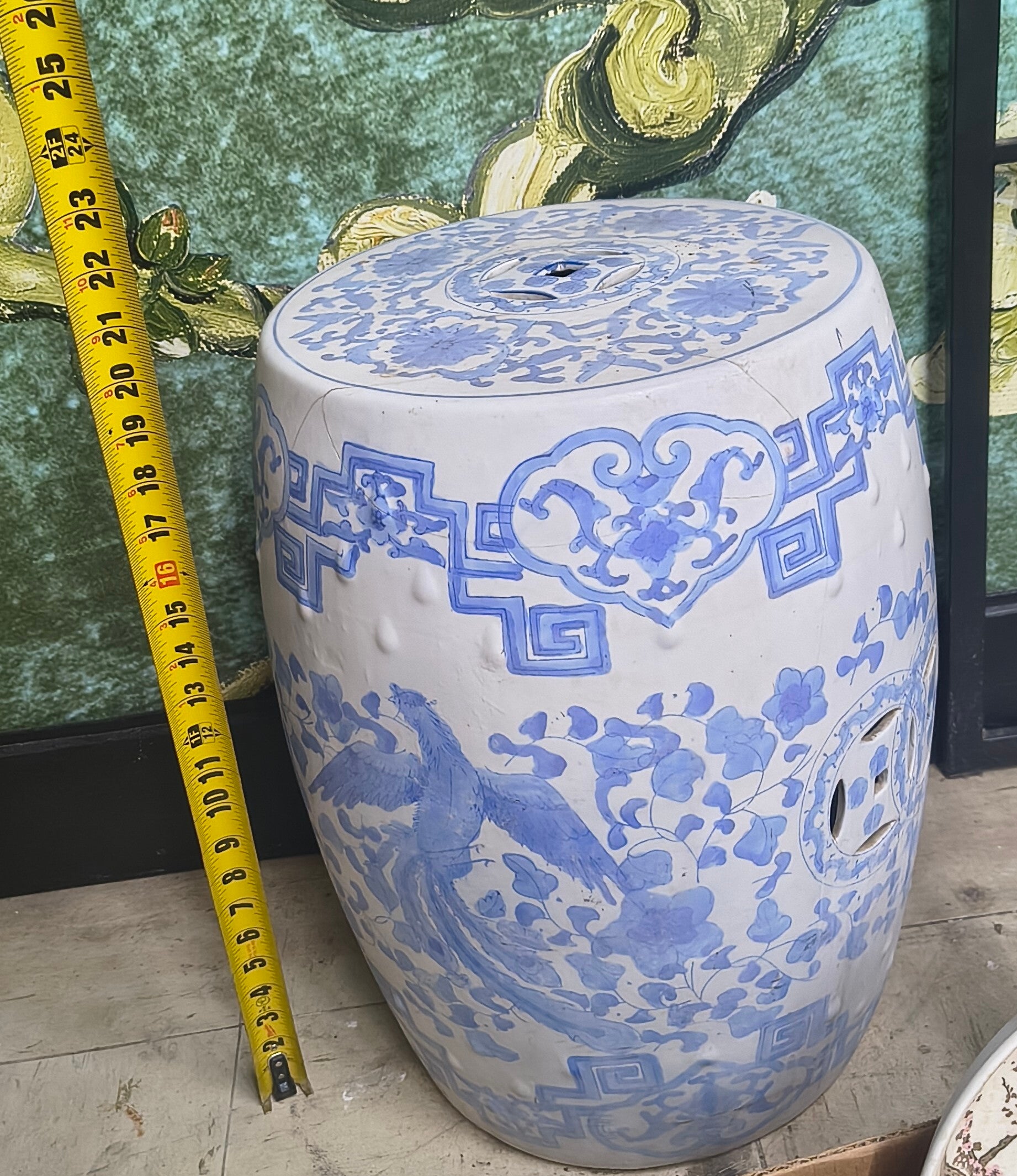 Vintage Chinese Blue & White Porcelain Garden Stool – 17.5" Phoenix Floral Drum Table