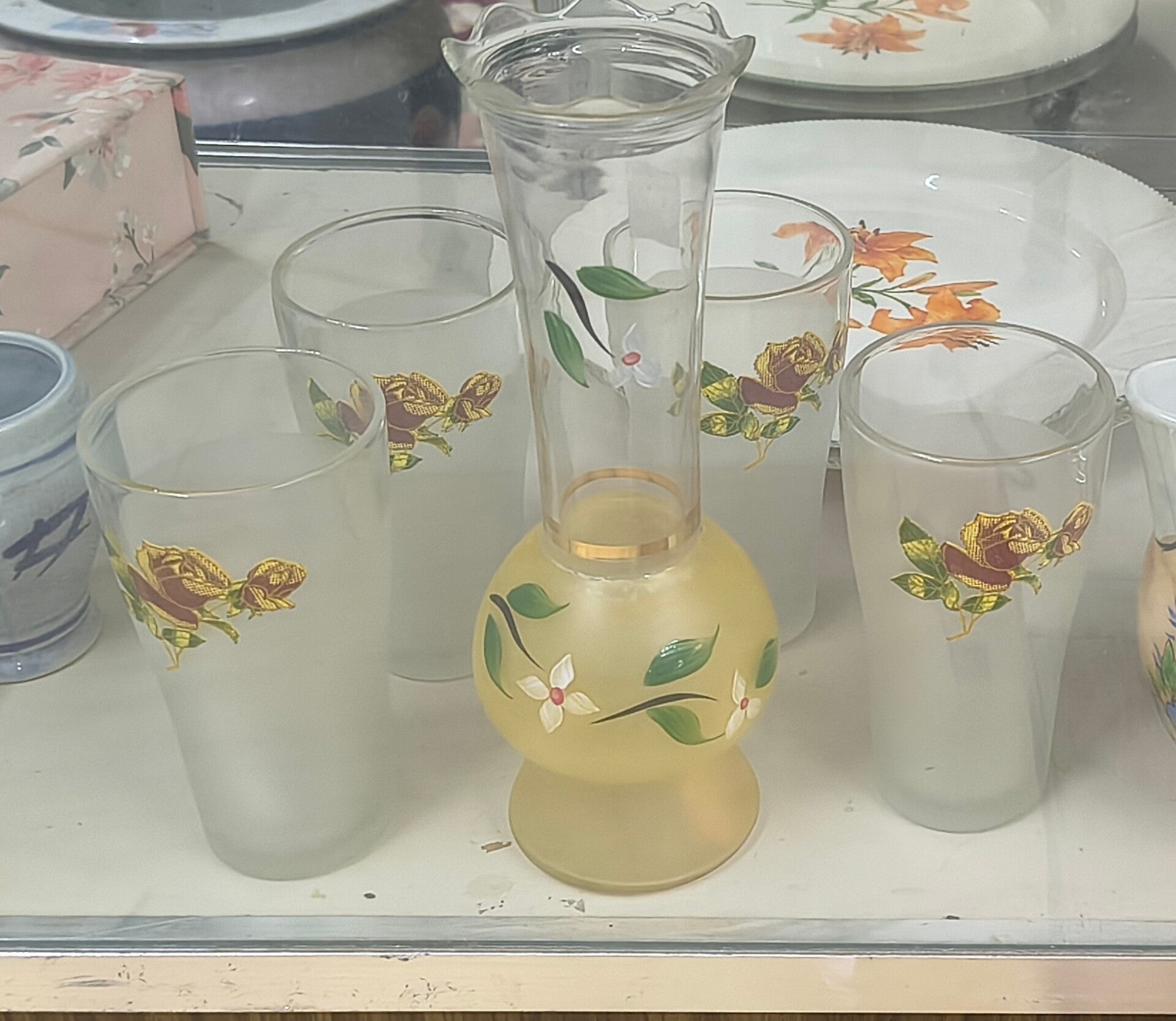 Vintage Bartlett Collins Frosted Glass Set – Hand-Painted Bud Vase & 4 Rose Tumblers