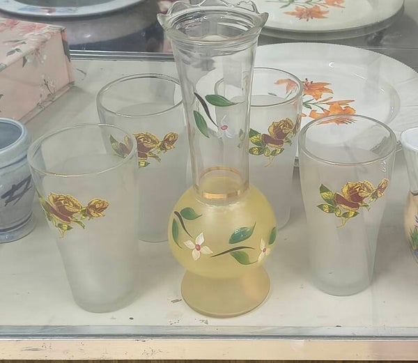 Vintage Bartlett Collins Frosted Glass Set – Hand-Painted Bud Vase & 4 Rose Tumblers