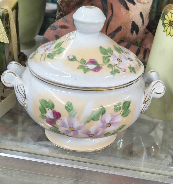 Vintage Hand Painted Floral Porcelain Covered Dish – Footed Sugar Bowl / Mini Tureen with Gold Trim