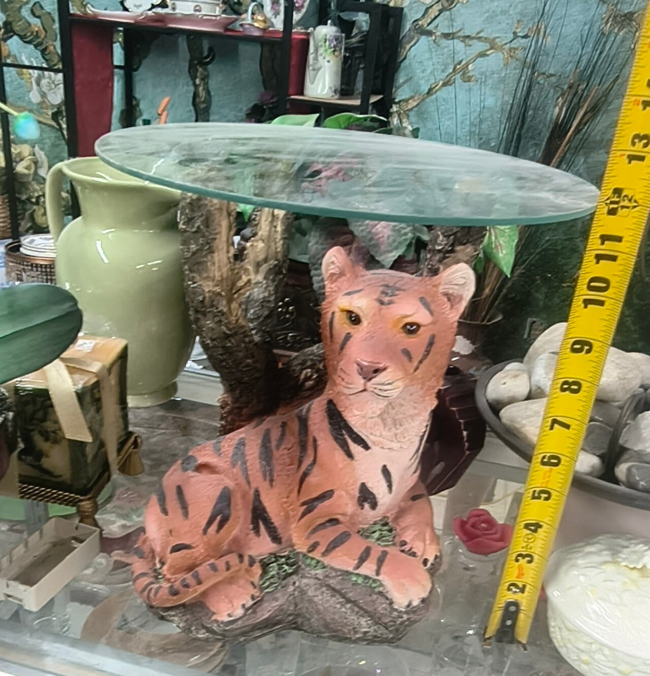 Vintage Tiger Figural Plant Stand Accent Table – Cast Resin Tiger Cub with Round Glass Top