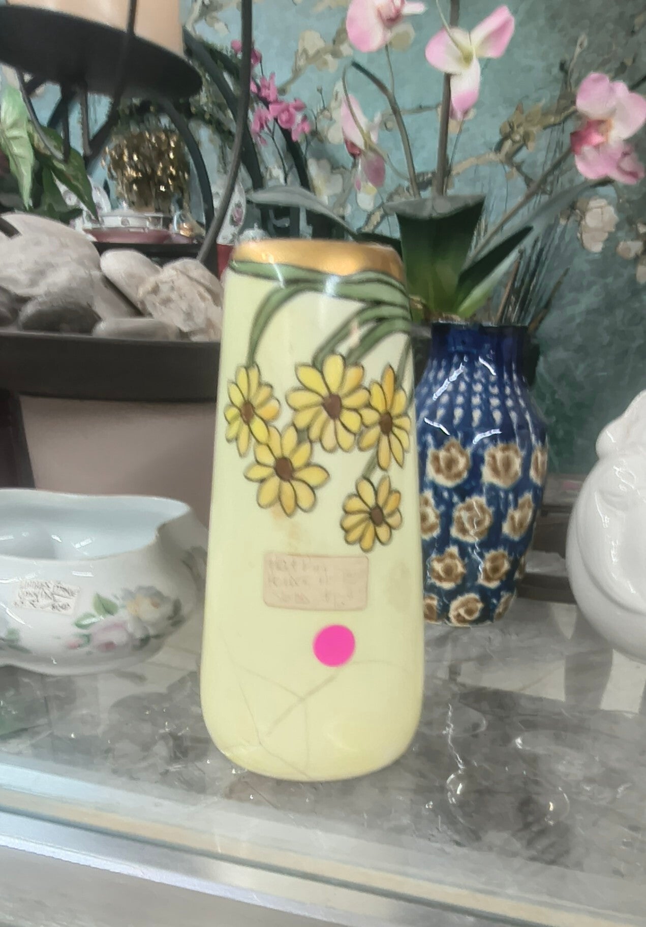 Antique Art Nouveau Hand Painted Daisy Floral Porcelain Vase – Gilt Rim Cylinder Vase