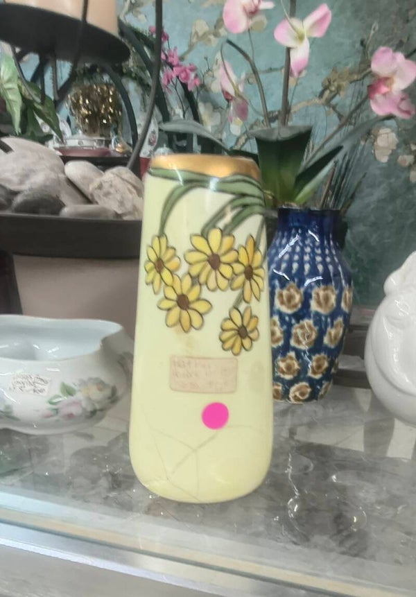 Antique Art Nouveau Hand Painted Daisy Floral Porcelain Vase – Gilt Rim Cylinder Vase