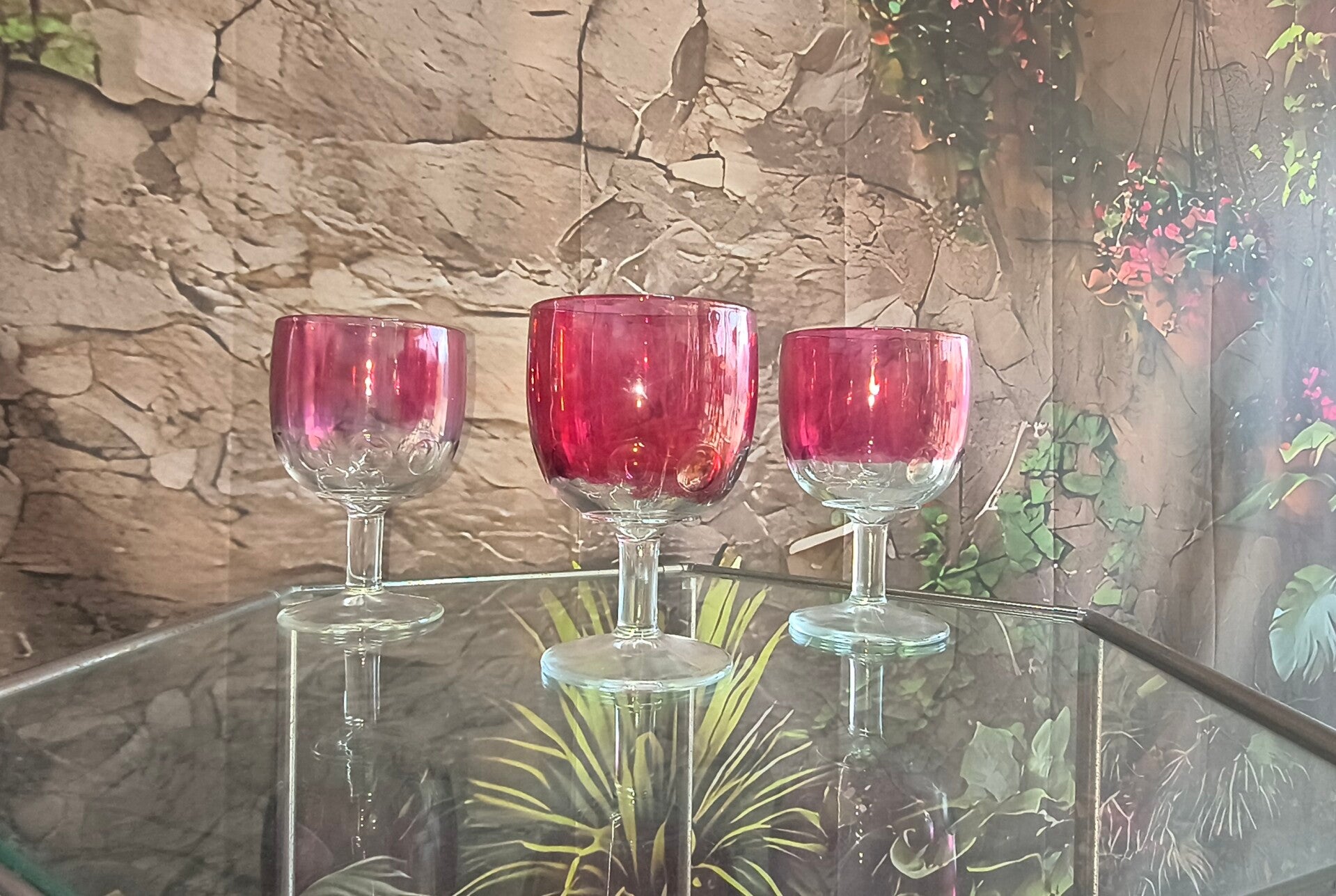 Vintage Cranberry Crackle Glass Goblets (Set of 3)