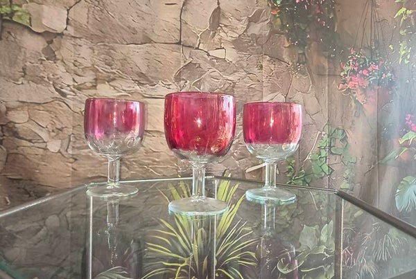 Vintage Cranberry Crackle Glass Goblets (Set of 3)